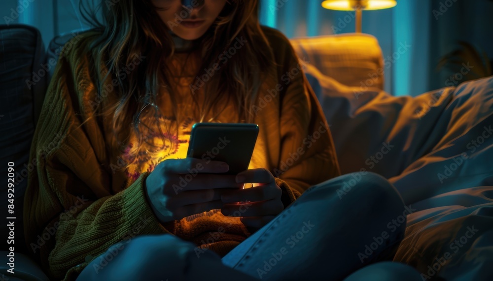 Young woman using smartphone in dimly lit room at night, illuminated by the soft glow of her phone screen, creating an ambiance of solitude. Young woman using smartphone in dimly lit room at night, illuminated by the soft glow of her phone screen, creating an ambiance of solitude.