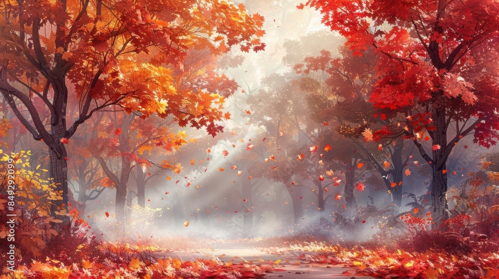 A serene autumn forest scene with vibrant red and orange leaves falling gently, creating a picturesque and tranquil atmosphere. A serene autumn forest scene with vibrant red and orange leaves falling gently, creating a picturesque and tranquil atmosphere.