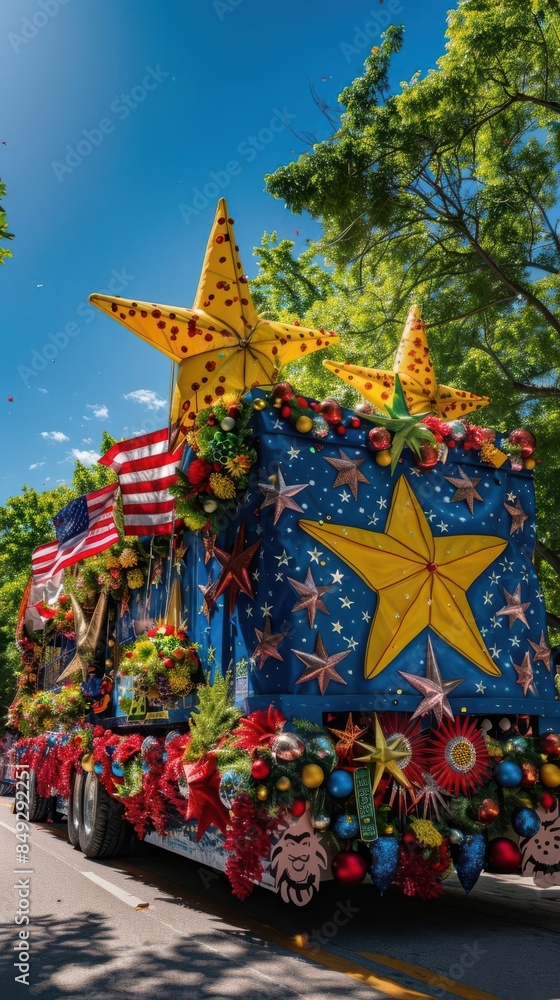 Obraz premium Colorful parade float decorated with stars, flowers, and American flags, moving down a sunny street with blue skies and trees in the background.