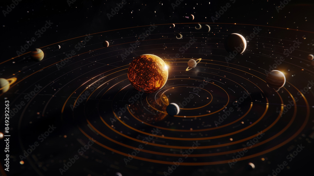 A detailed illustration of the solar system with orbiting planets, showcasing the sun and celestial bodies in space. A detailed illustration of the solar system with orbiting planets, showcasing the sun and celestial bodies in space.