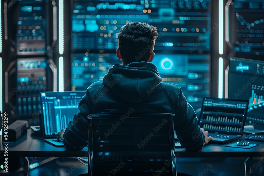 Man programmer working with multiple monitors. Cybersecurity and programming concept. Advanced software development. Innovative digital technology and network protection Man programmer working with multiple monitors. Cybersecurity and programming concept. Advanced software development. Innovative digital technology and network protection