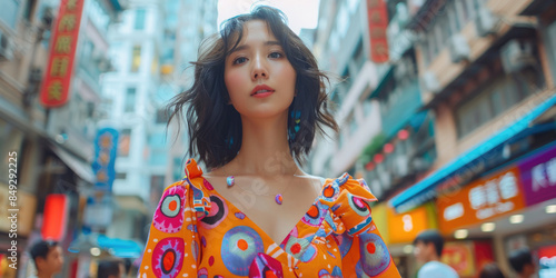 asian woman wearing bright patterned dress walking in the street. ai generated