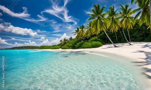 tropical beach featuring leaning palm trees and clear blue water