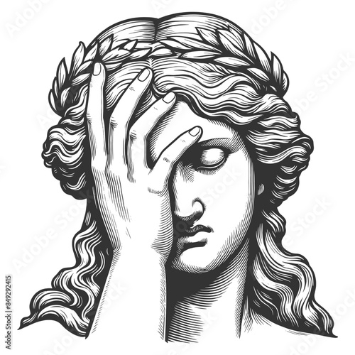 classical statue with a facepalm expression, frustration or disappointment in detailed line art sketch engraving generative ai vector illustration. Scratch board imitation. Black and white image.