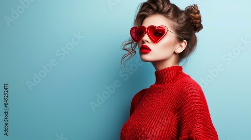 Woman exudes confidence and style, donning heart shaped sunglasses and a vibrant red sweater
