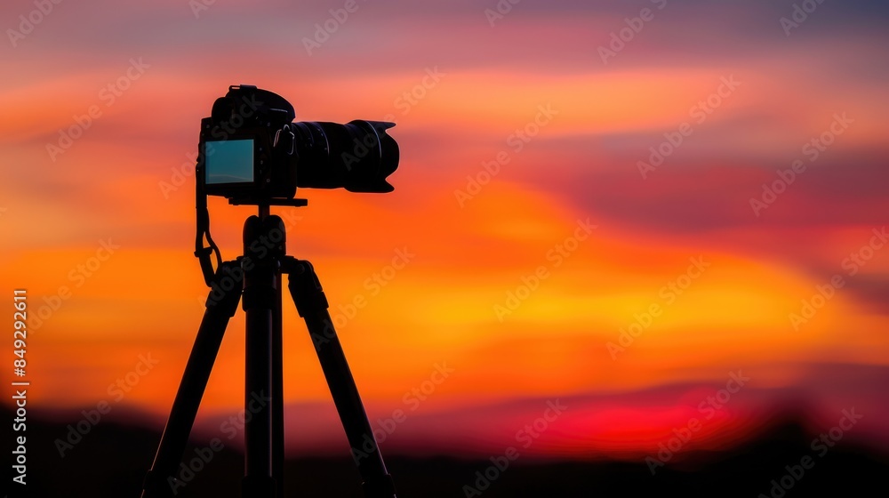 Camera on a tripod against a sunset sky background. Camera on a tripod against a sunset sky background.