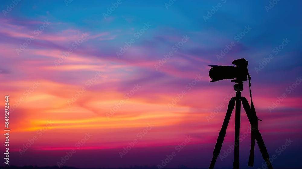 Camera on a tripod against a sunset sky background. Camera on a tripod against a sunset sky background.