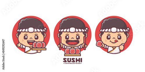 sushi chef cartoon mascot, with different poses and expressions, vector illustration for culinary industry