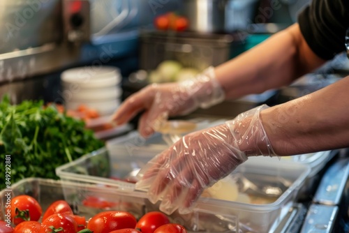 Safe Food Handling with Disposable Gloves in a Well-Organized Professional Kitchen photo