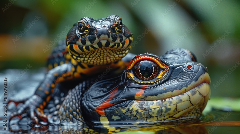 Obraz premium Close-up of a Turtle and a Caiman in the Water
