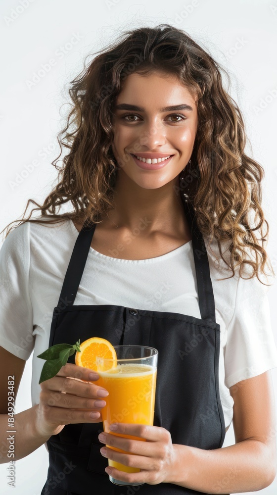 Female restaurant employee serving orange juice Female restaurant employee serving orange juice