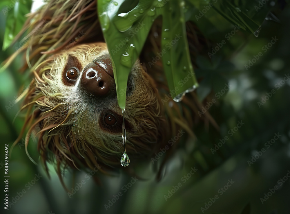 Close-up of a sloth hanging upside down from a tree branch with a drop ...
