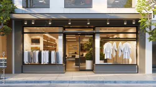Modern Dry Cleaning Shop Facade with Large Windows Displaying Neatly Hung Clothes for Design Inspiration