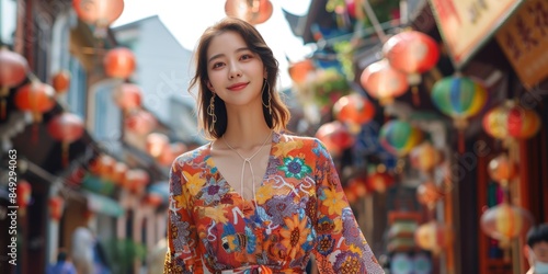 asian woman wearing bright patterned dress walking in the street. ai generated