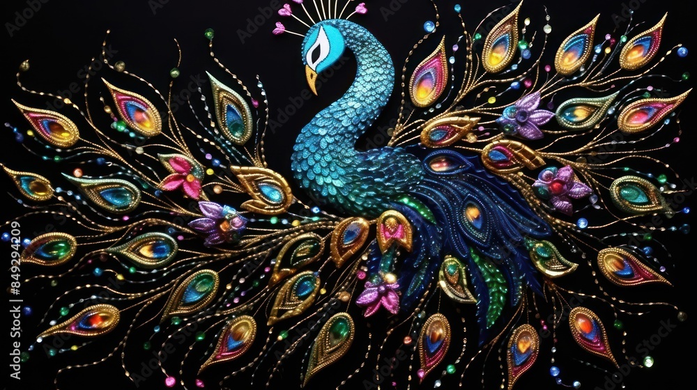 Obraz premium Capture the regal beauty of a peacock in full display with a captivating stock photo showcasing a handcrafted portrait, intricately embellished with a colorful rhinestone pattern.