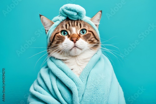 A Ginger Cat Wearing A Blue Towel Around Its Body And A Blue Towel On Its Head Like A Turban, Curious And Attentive. It Is Standing On A Blue Background. The Cat Is Clean And Well-groomed, And The Tow