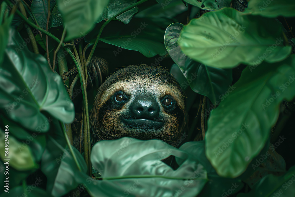 Fototapeta premium A sloth peeks from behind lush green leaves in a tropical rainforest. Wildlife Animals.