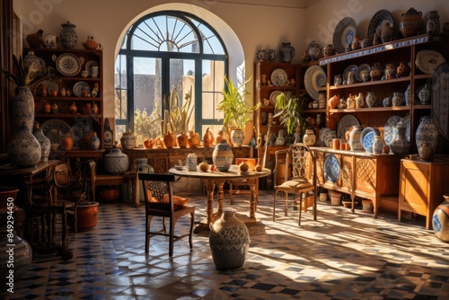 Interior of the Museum in Essaouira, Morocco, with traditional artifacts., generative IA photo
