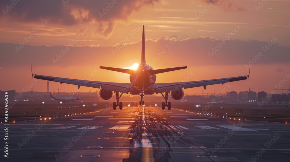 A plane taking off at sunrise, symbolizing the start of a new journey and the excitement of air travel A plane taking off at sunrise, symbolizing the start of a new journey and the excitement of air travel