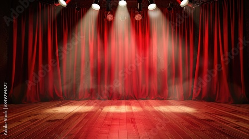 Red stage curtain with spotlight and wooden floor. Background for theater, opera or musical show presentation.
