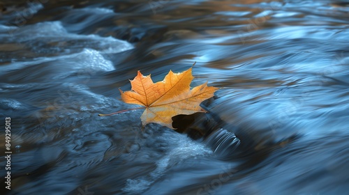 A single orange autumn leaf floating on the surface of a fast-flowing river. photo