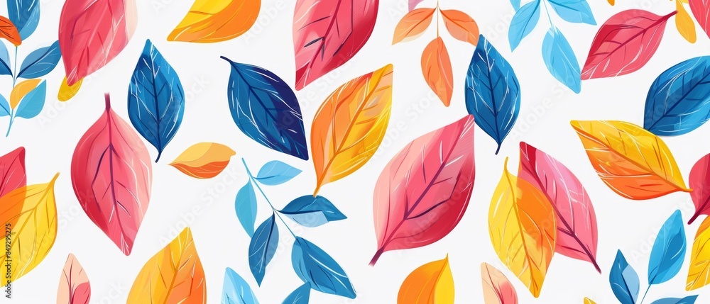 A colorful leaf pattern with blue, red, and yellow leaves A colorful leaf pattern with blue, red, and yellow leaves