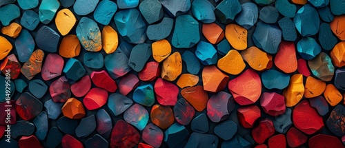 A colorful mosaic of rocks with a blue and orange background