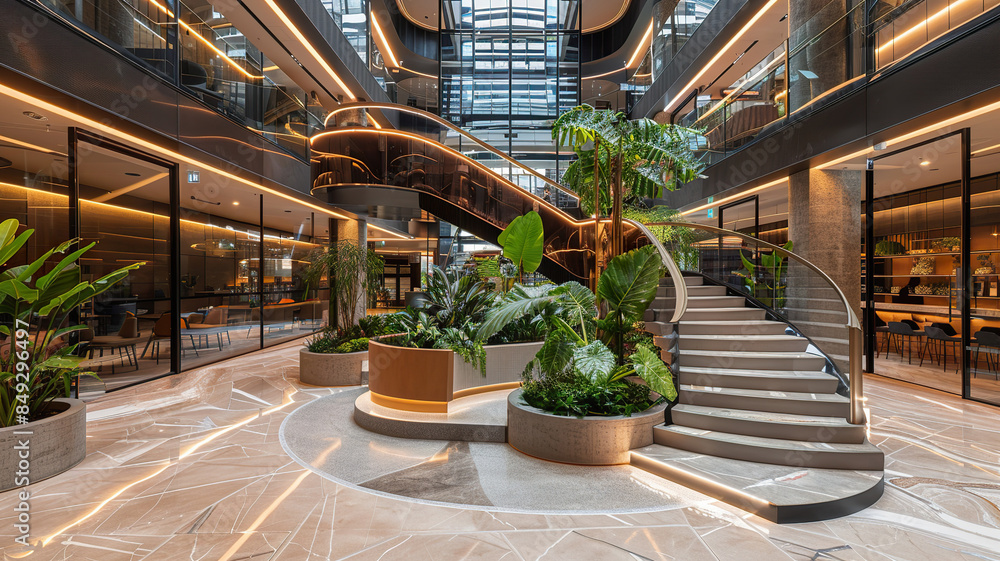 Fototapeta premium Modern Office Building's Elegant Central Spiral Staircase with Indoor Garden