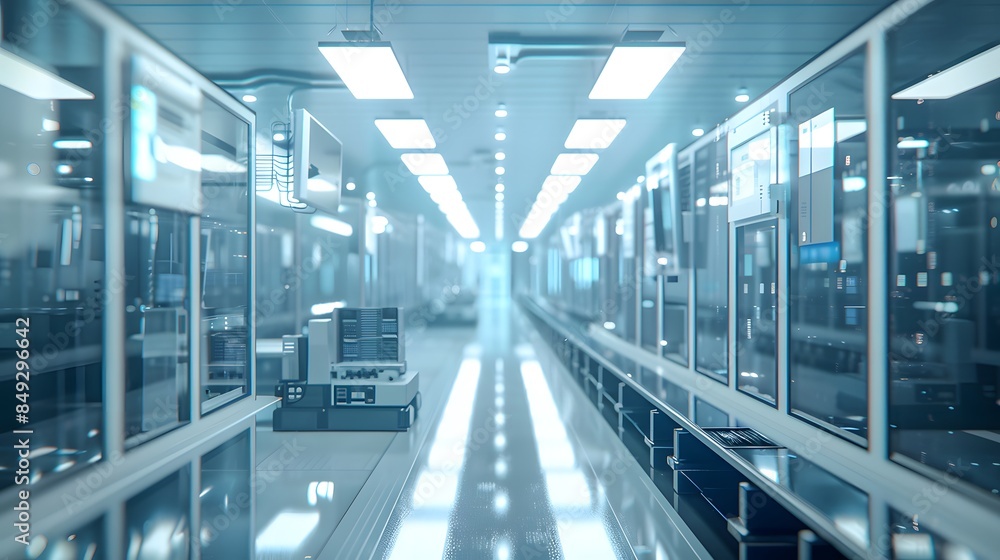 Shot of a computer processor production line at an advanced semiconductor foundry in a bright environment Shot of a computer processor production line at an advanced semiconductor foundry in a bright environment