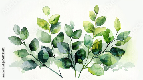 A group of green plants branch watercolor leaves