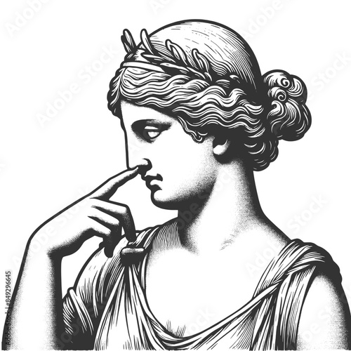 classical greek roman woman statue picking its nose, blending art and comedy sketch engraving generative ai fictional character vector illustration. Scratch board imitation. Black and white image.