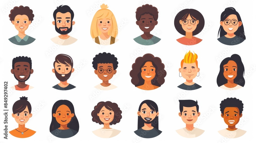A set of smiling people avatars, each isolated against a clean background A set of smiling people avatars, each isolated against a clean background