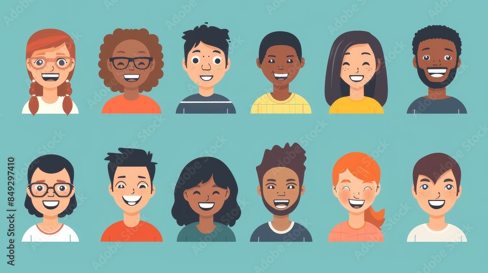 A set of smiling people avatars, each isolated against a clean background A set of smiling people avatars, each isolated against a clean background
