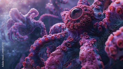 Visualize the impact of viral mutations with a captivating 3D render of the SARS-CoV-2 XBB 1.5 variant depicted as a kraken-like creature, underscoring the urgency of public health. photo
