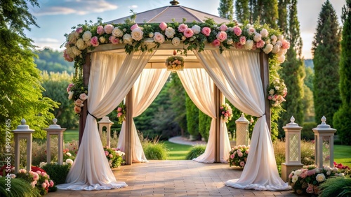 A romantic gazebo draped in flowing fabric and adorned with fragrant blooms, providing a dreamy backdrop for outdoor ceremonies, receptions, or intimate gatherings.