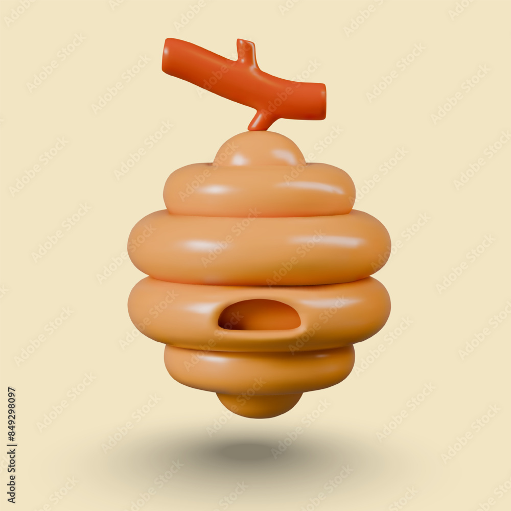 Nest of wild bees on branch. Vector illustration in 3D cartoon style