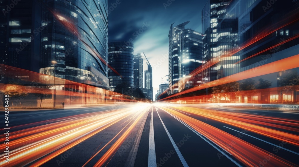 Light trails on the modern building background. Light trails at night in urban environment, Abstract Motion Blur City, traffic, transportation, street, road, speed Light trails on the modern building background. Light trails at night in urban environment, Abstract Motion Blur City, traffic, transportation, street, road, speed