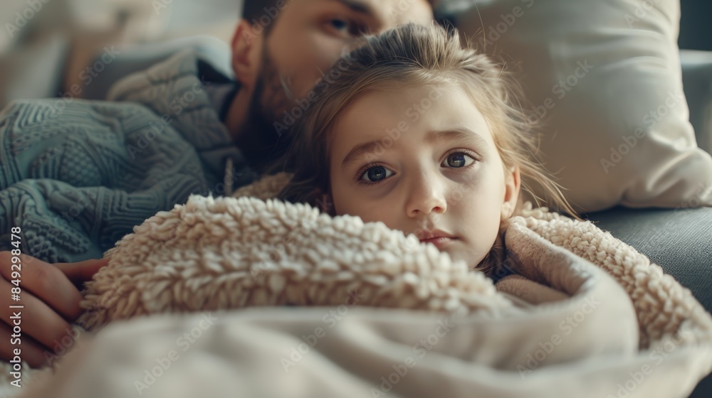 man take care of little ill daughter. Sick child lying on bed under blanket, with worried. single dad taking care of sick daughter at home. child has a high fever. covers on the couch and ill man take care of little ill daughter. Sick child lying on bed under blanket, with worried. single dad taking care of sick daughter at home. child has a high fever. covers on the couch and ill