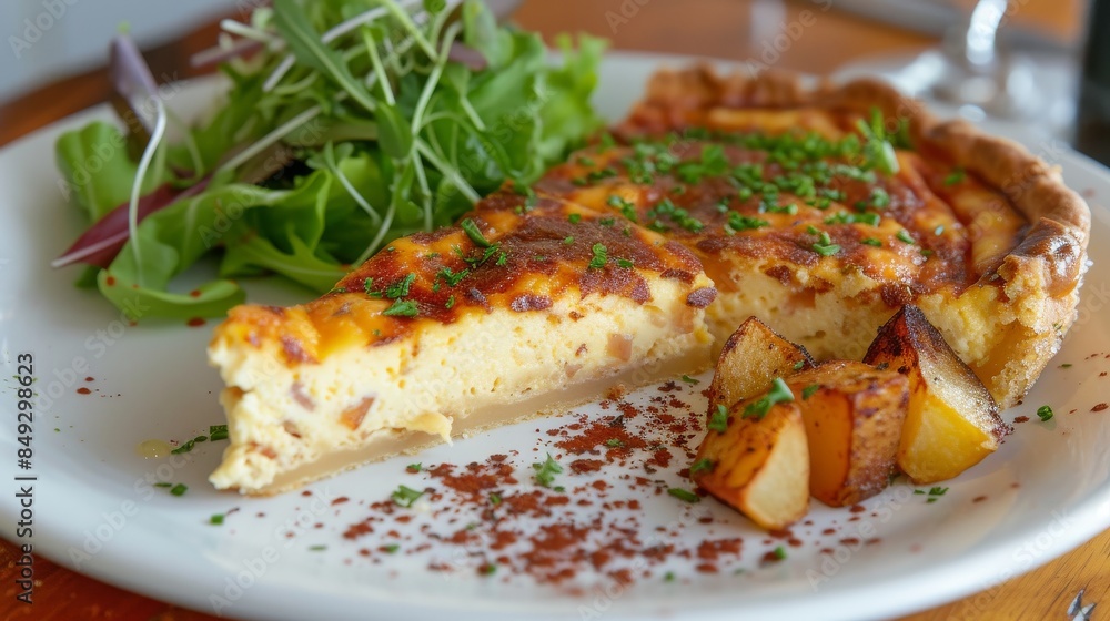 Breakfast with crispy pancakes and a slice of rich quiche Lorraine Breakfast with crispy pancakes and a slice of rich quiche Lorraine