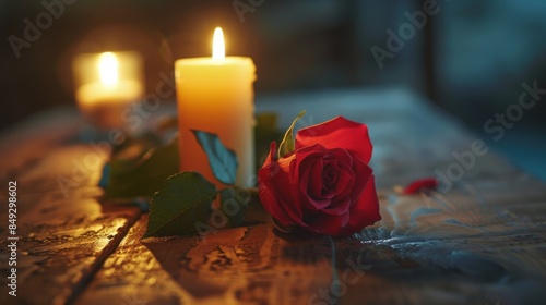 Candle and rose on a wooden table in dim light setting.