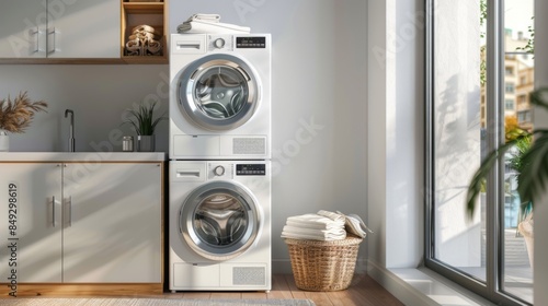 A stackable washer and dryer unit in a small apartment laundry nook, highlighting efficient use of space photo