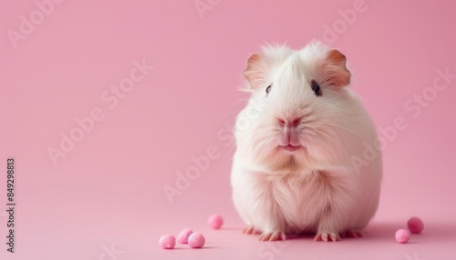 cute guinea pig sitting on a solid pastel background with space above for text © Pornnapha