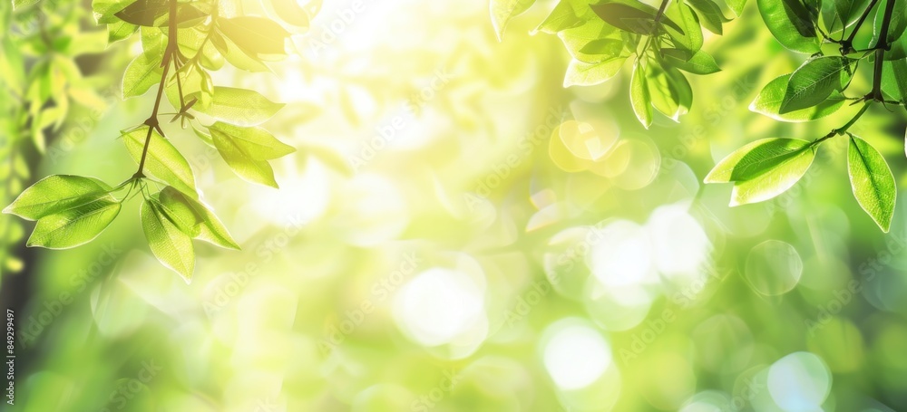 Fototapeta premium Spring background with green leaves and blurred nature landscape in a sunny day.