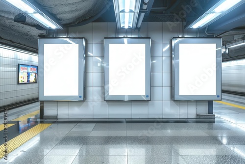 three vertical billboard mockups in underground subway station photo