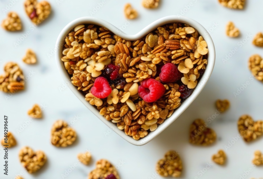 A heart-shaped bowl filled with granola and fresh berries, with a spoon on the side. A heart-shaped bowl filled with granola and fresh berries, with a spoon on the side.