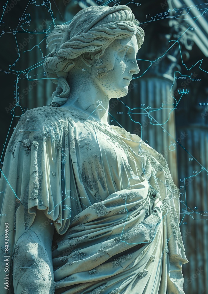 Obraz premium Futuristic Fusion of Technology and Classical Art Elements with Holographic and Data Stream Effects