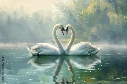 tranquil lakeside rendezvous two majestic swans form heart shape serene valentines day scene digital painting photo