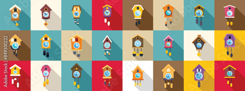 Cuckoo Clock icons set. Variety of cuckoo clocks are displayed, each with its own unique design and time