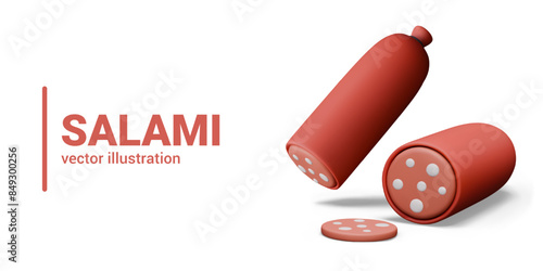 3D salami with cut round piece. Set of vector templates on white background photo