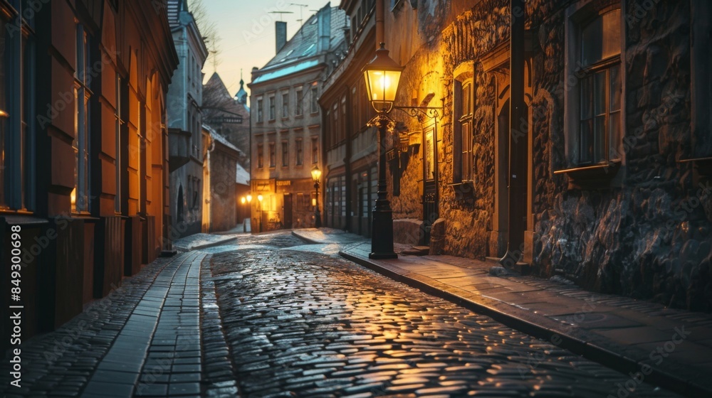 Fototapeta premium A vintage street lamp casting a romantic light on a cobblestone street in an old European city